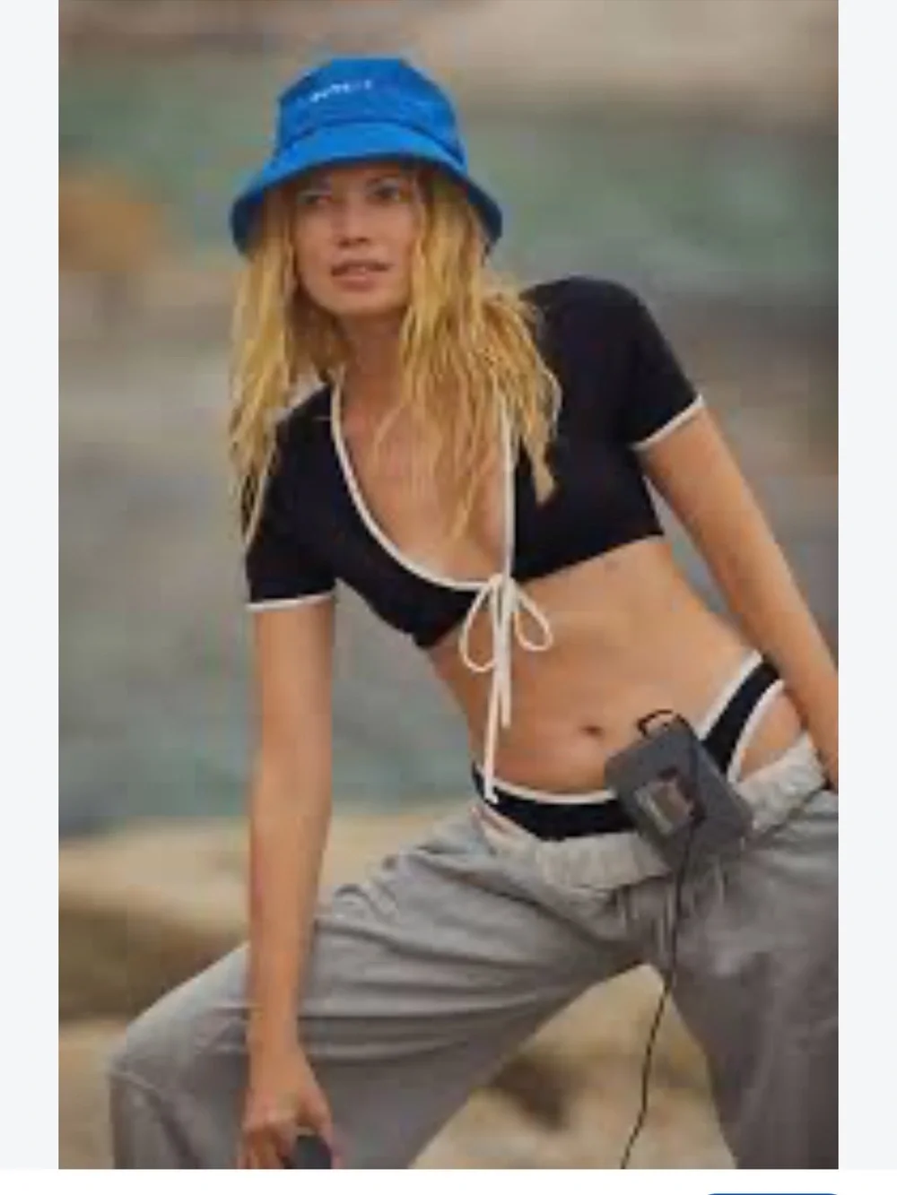 Good American Black Bikini Top with White Trim and Tie Front